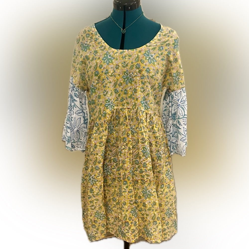 Floral Yellow and Blue Dress 100 percent cotton